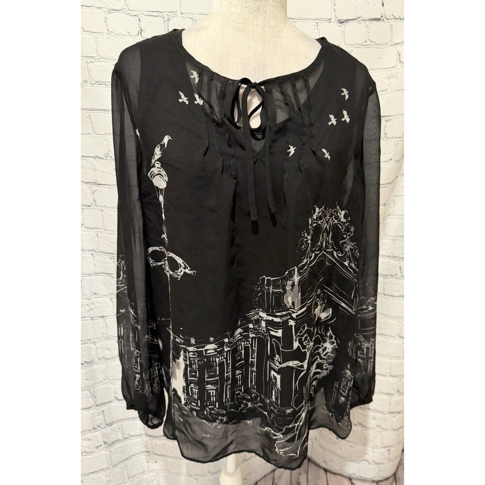 Dennis Basso QVC Women's Roma Print Sheer Peasant Blouse with Tank Black Size 14